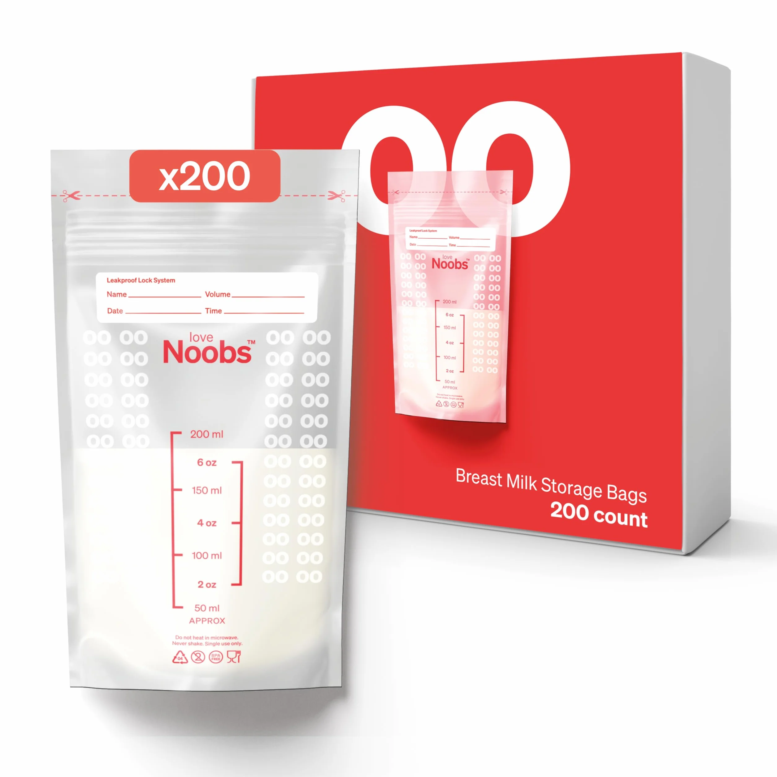 Sacchetti Latte Materno di Love Noobs, Buste Latte Materno Congelare, 200 conte - Sacchetti da 200 ml, Facile da usare, Presterilizzati
