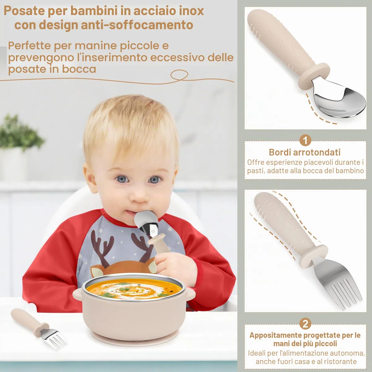 Set di stoviglie per bambini in acciaio inox con ventosa, 6 pezzi in acciaio inox con piatto per bambini, bicchierini per imparare a bere, bavaglini con maniche, cucchiaio per bambini