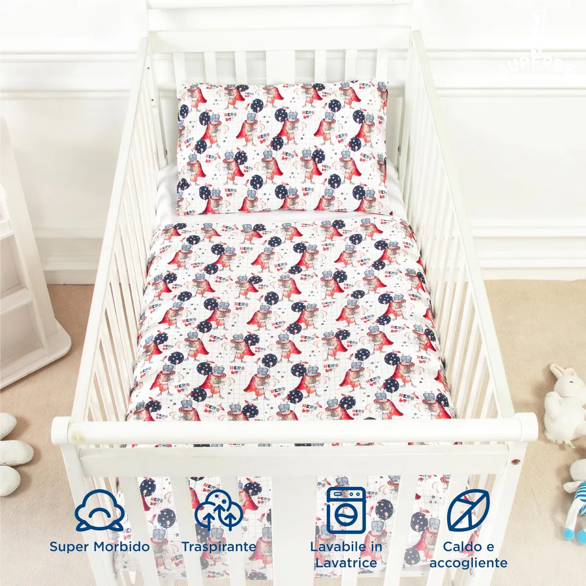 SUPERBE BEBE Set Copripiumino Bambino - Copripiumino 100x135 cm e Federa 40x60 cm in Cotone OEKO-TEX - 10 Colori a Scelta - Morbido e Confortevole per Bambini - Ideale per Notti Tranquille
