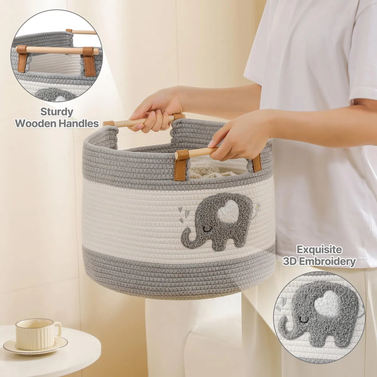 Grande Cesto Coperta 35L Cesto in Corda di Cotone con Manici in Legno Cesti Intrecciati per Giocattoli di Peluche dei Bambini, Contenitore per Pannolini, Contenitore Vestiti Neonati
