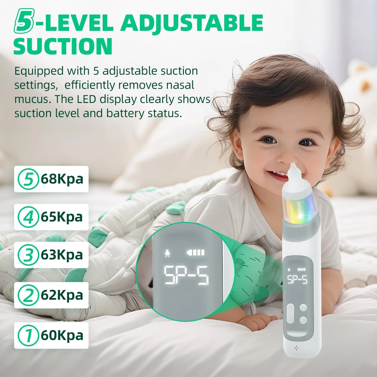 Aspiratore nasale neonato - Aspiratore nasale per neonati e bambini con 5 livelli di aspirazione regolabili e 3 punte in silicone, funzione musicale e luci a LED