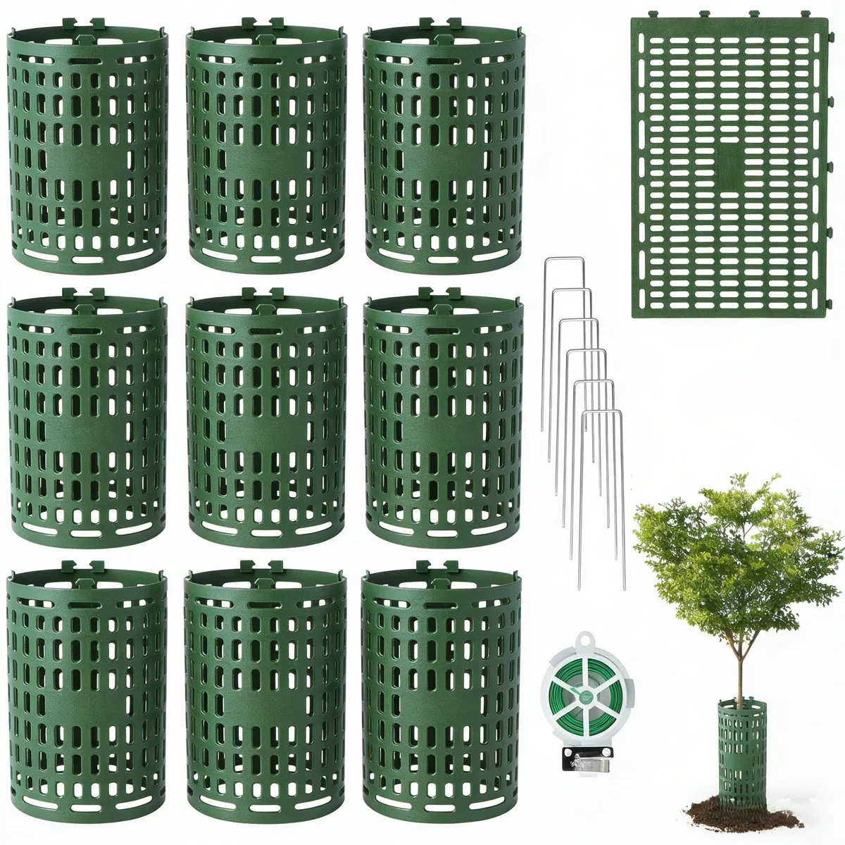 10 protezioni per tronco d'albero con chiodi a forma di U e kit di filo per fissaggio a terra su alberi, fiori, verdure e pali (verde)