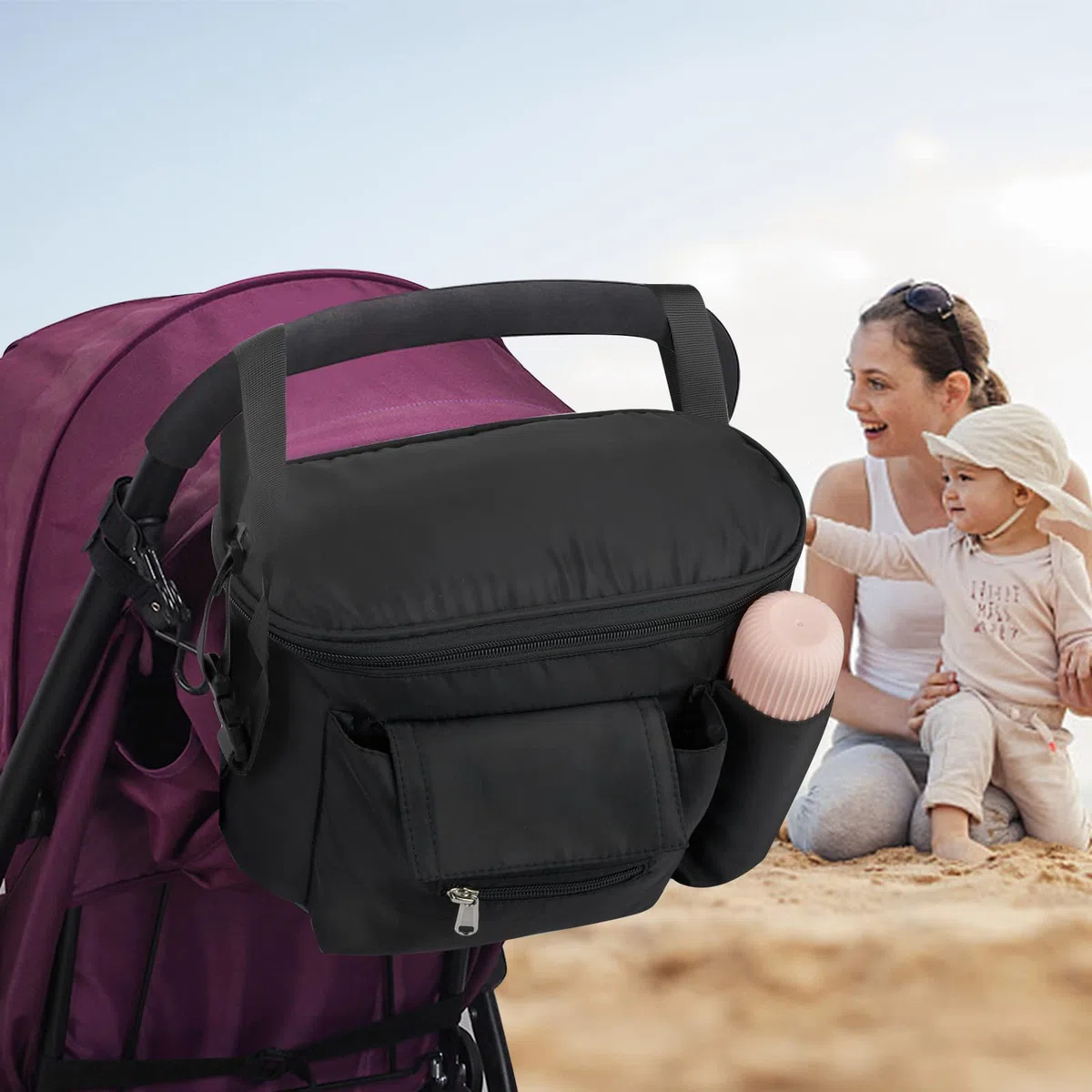 Borsa per Passeggino Universale, Organizer Passeggino con Spallacci Regolabili, Borsa Carrozzina Impermeabile, Borsa da Appendere Passeggino, Passeggino Accessori Forniture, Nero