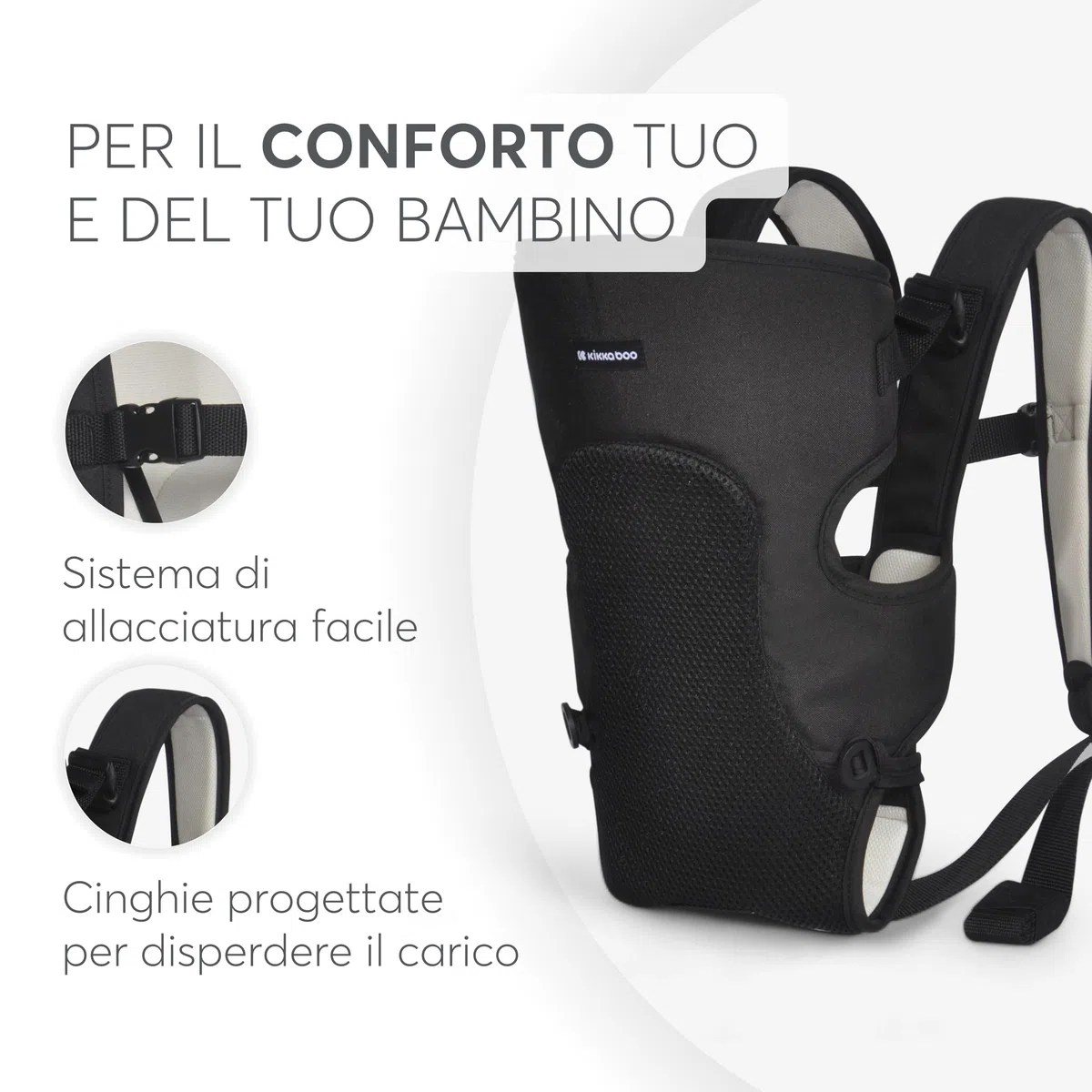 KikkaBoo Marsupio Neonato Estivo 0-36 Mesi MYRA, Ergonomico, 3 Posizioni, Spallacci regolabili, Traspirante, Leggero, fino a 9 kg, Nero