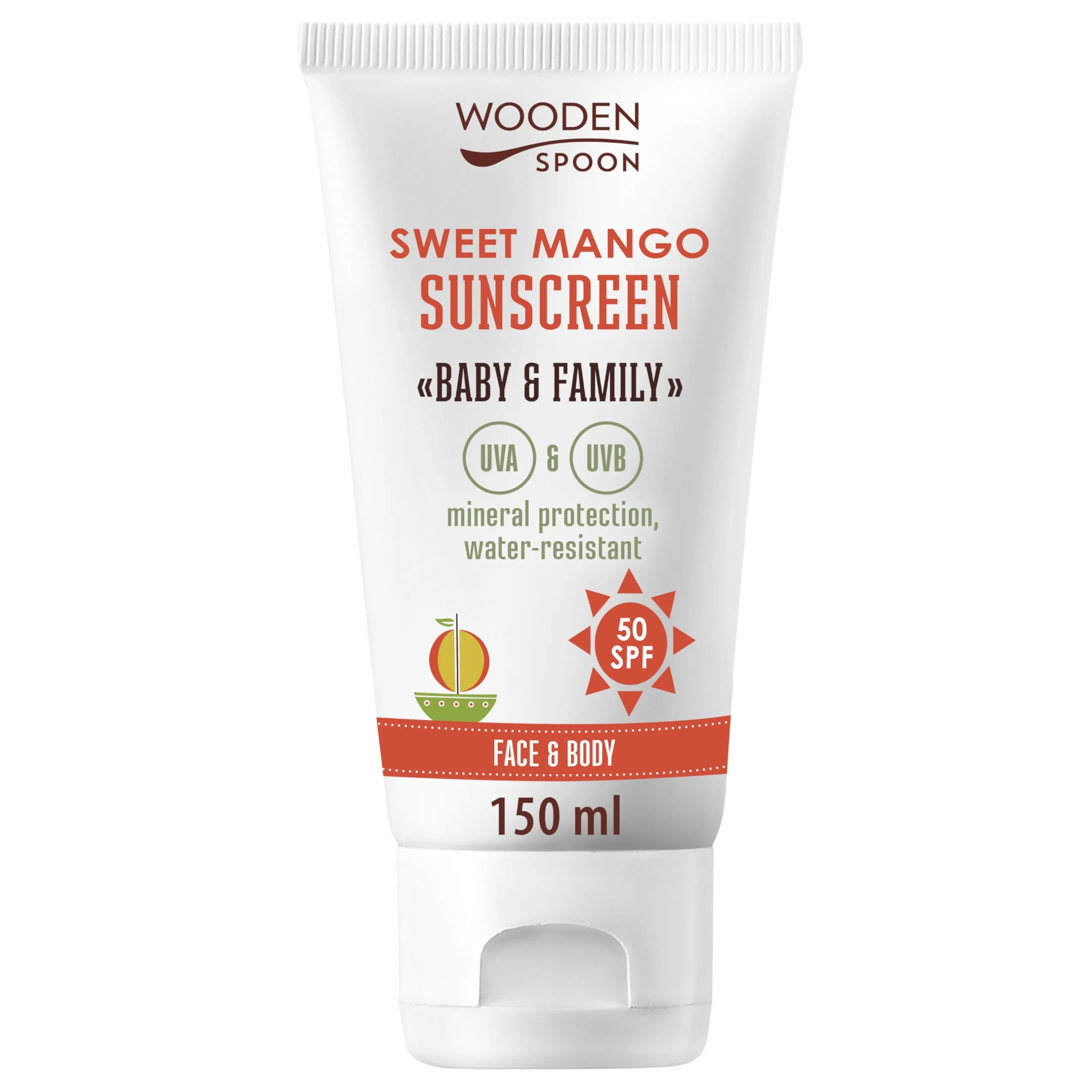 Wooden Spoon Crema Solare Biologica Baby & Family “Sweet Mango” SPF 50 – 100% Naturale, Zinco Invisibile, Senza Aloni Bianchi, Ipoallergenica, Vegana, Resistente all’Acqua – 150 ml
