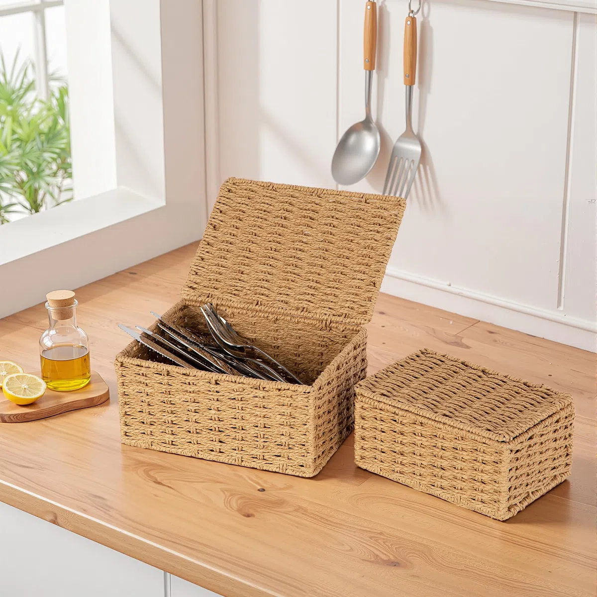 Cestini Portaoggetti con Coperchio,Cesto Vimini Piccolo Bambini Cesto in Corda di Carta Cestino porta Giocattoli Cestino da Bagno,per Camerette, Bagno, Cassetti, Cucine, Soggiorno