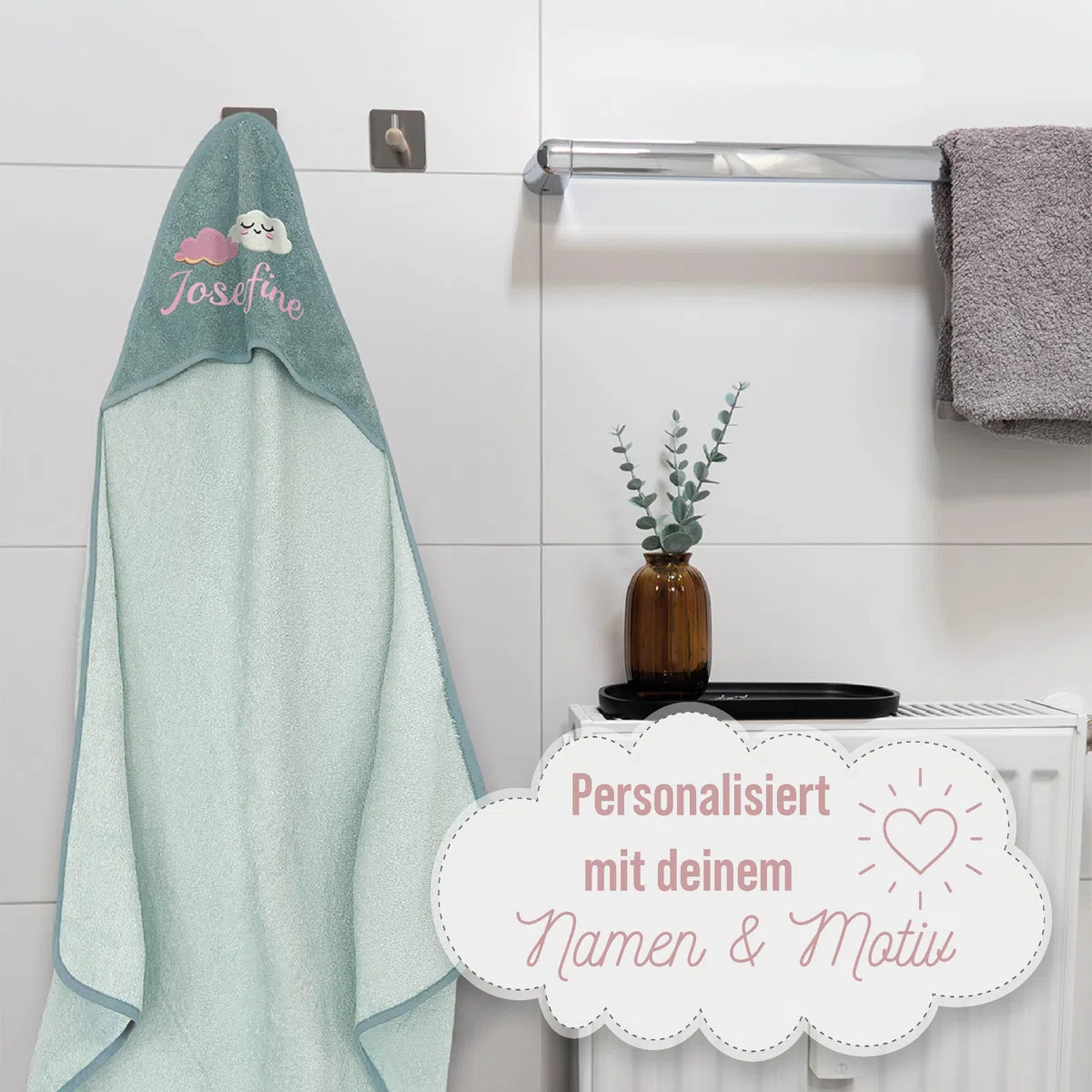 Asciugamano con cappuccio per neonato con nome ricamato, Oeko-TEX® Standard 100 - Asciugamano personalizzato per neonato con cappuccio in pura cotone con ricamo di nome e motivo (Menta, 80 x 80 cm)