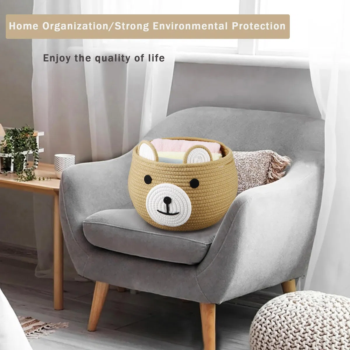 PandaEar Cesto in Corda di Cotone per Bambino, Cesto Regalo per Bambino, Organizzatore per Lenzuola da Nursery con Design Adorabile di Orso per Conservare gli Essenziali per Neonati (Marrone)