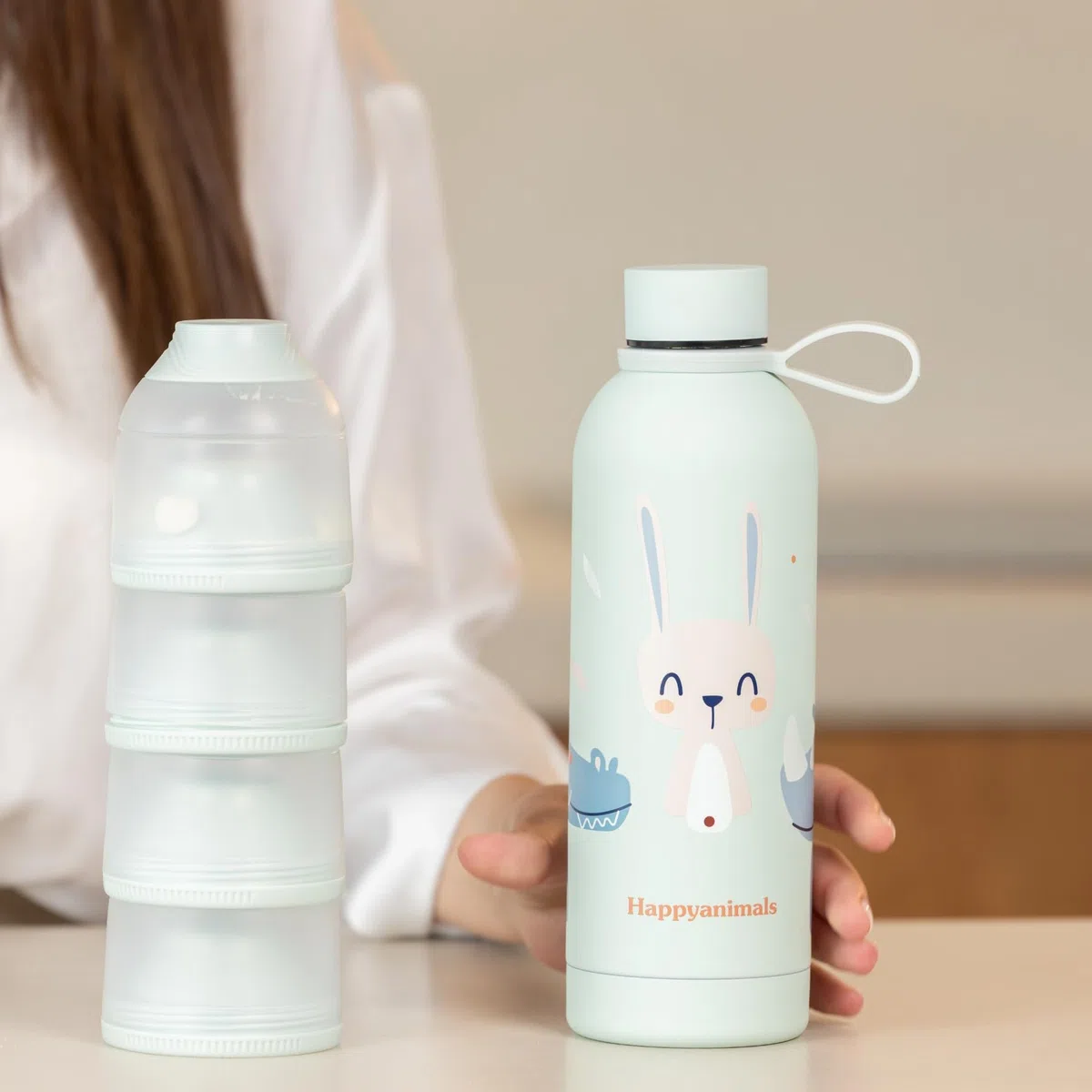Happymami,Confezione dosatore latte in polvere + thermos da 500 ml, regalo neonato, set di alimentazione per il tuo bambino, senza BPA, superficie interna antiaderente (Menta morbida) (menta dolce)