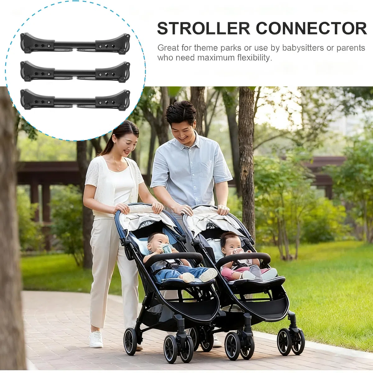 Frizione universale per passeggino – Trasforma 2 passeggini singoli in doppio passeggino | Lunghezza regolabile (20-26 cm) | Compatibile con il 99% di tutte le marche | Design leggero in alluminio e