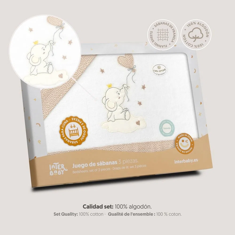 Interbaby - Set di lenzuola per lettino 60 x 120 cotone 100% | lenzuolo per lettino in flanella, caldo, morbido, con lenzuolo con angoli, piano di lavoro e federa per cuscino | ideale per l'inverno |
