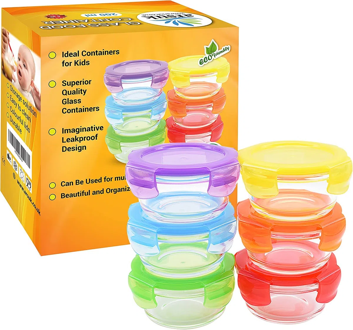 ARSUK Contenitori Alimentari Vetro Ermetici bambini, Vasetti Conservazione Pappe, Contenitori di alimenti impilabili e agganciabili, Privi di BPA (6pcs x 200ml Rotondi)