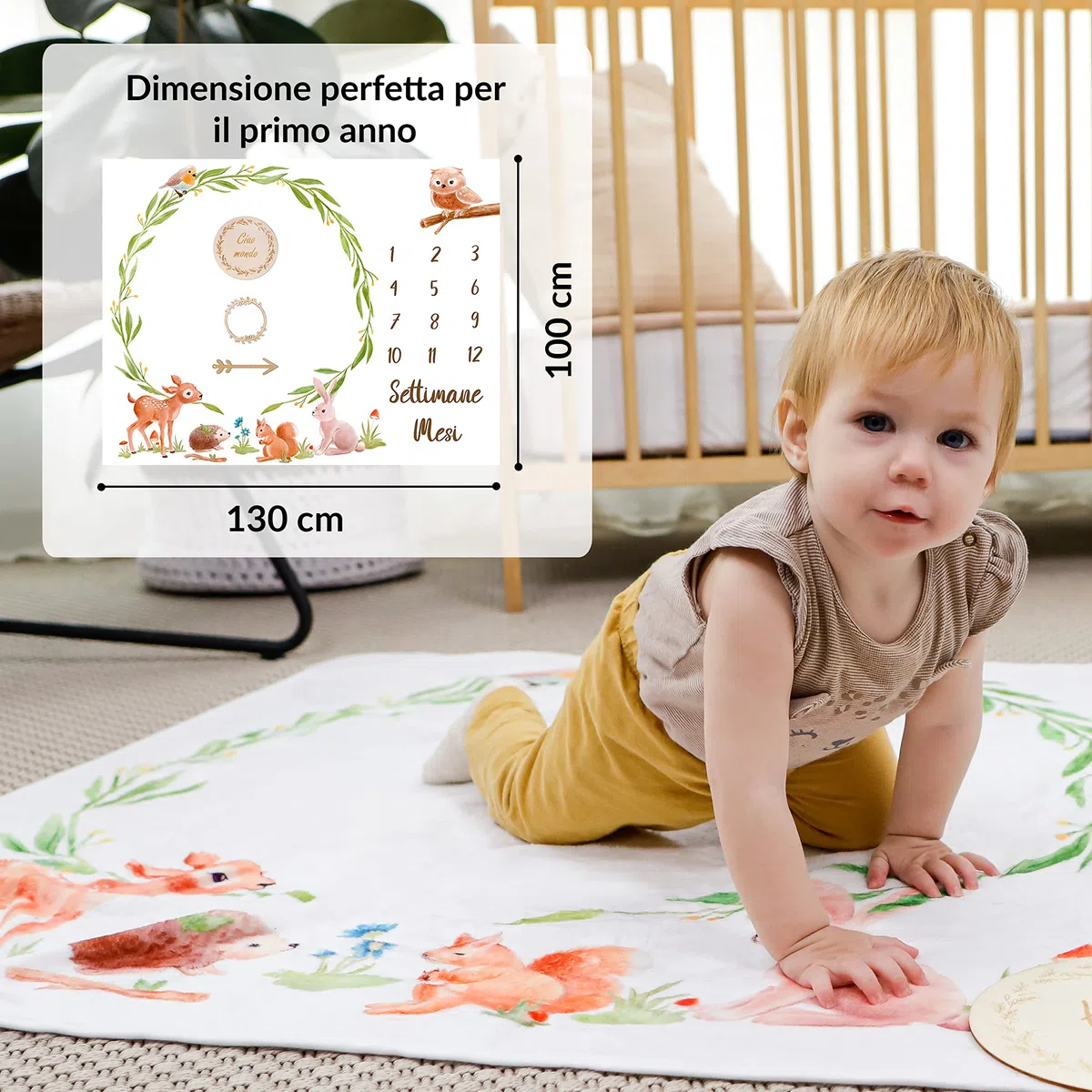 Coperta Mesi Neonato In Italiano | Tappeto Per Maschio O Femmina, Unisex | Foresta | Regalo Baby Shower Personalizzato Per Neomamme | Cornici In Legno Incluse