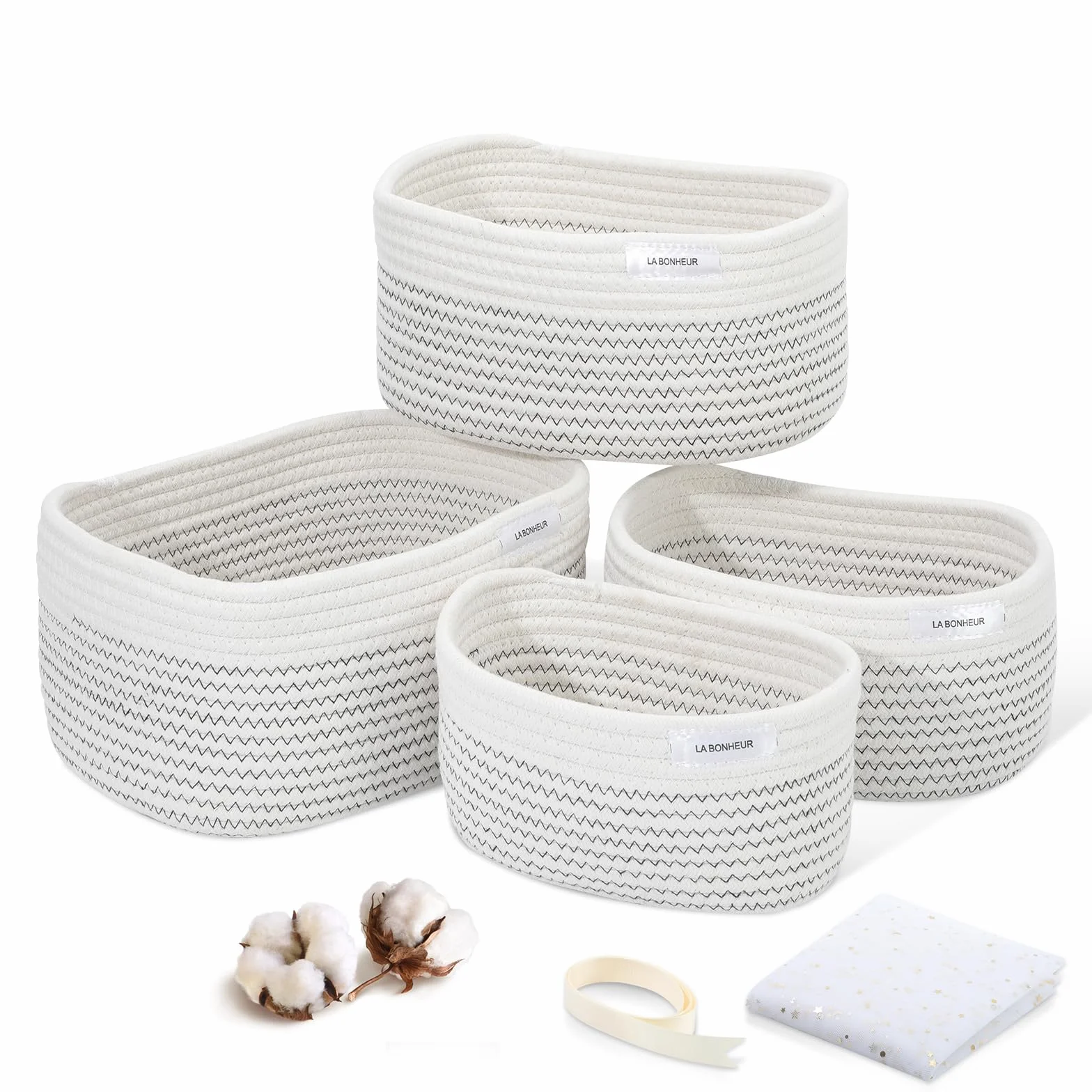 LA BONHEUR Cesto portaoggetti in corda di cotone intrecciato, 4 pezzi, per il bagno, fasciatoio, organizer per neonati,