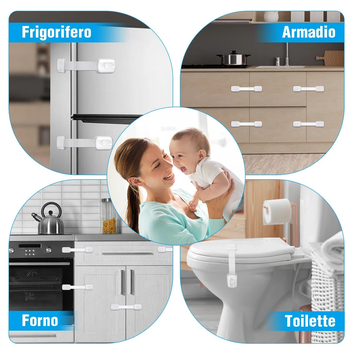 10 pezzi Bambino Chiusure di Sicurezza, Regolabile Bambino Serrature di Sicurezza con Adesivo 3M, Bambini Blocco di Sicurezza per Armadi, Cassetti, Frigorifero (Bianco)