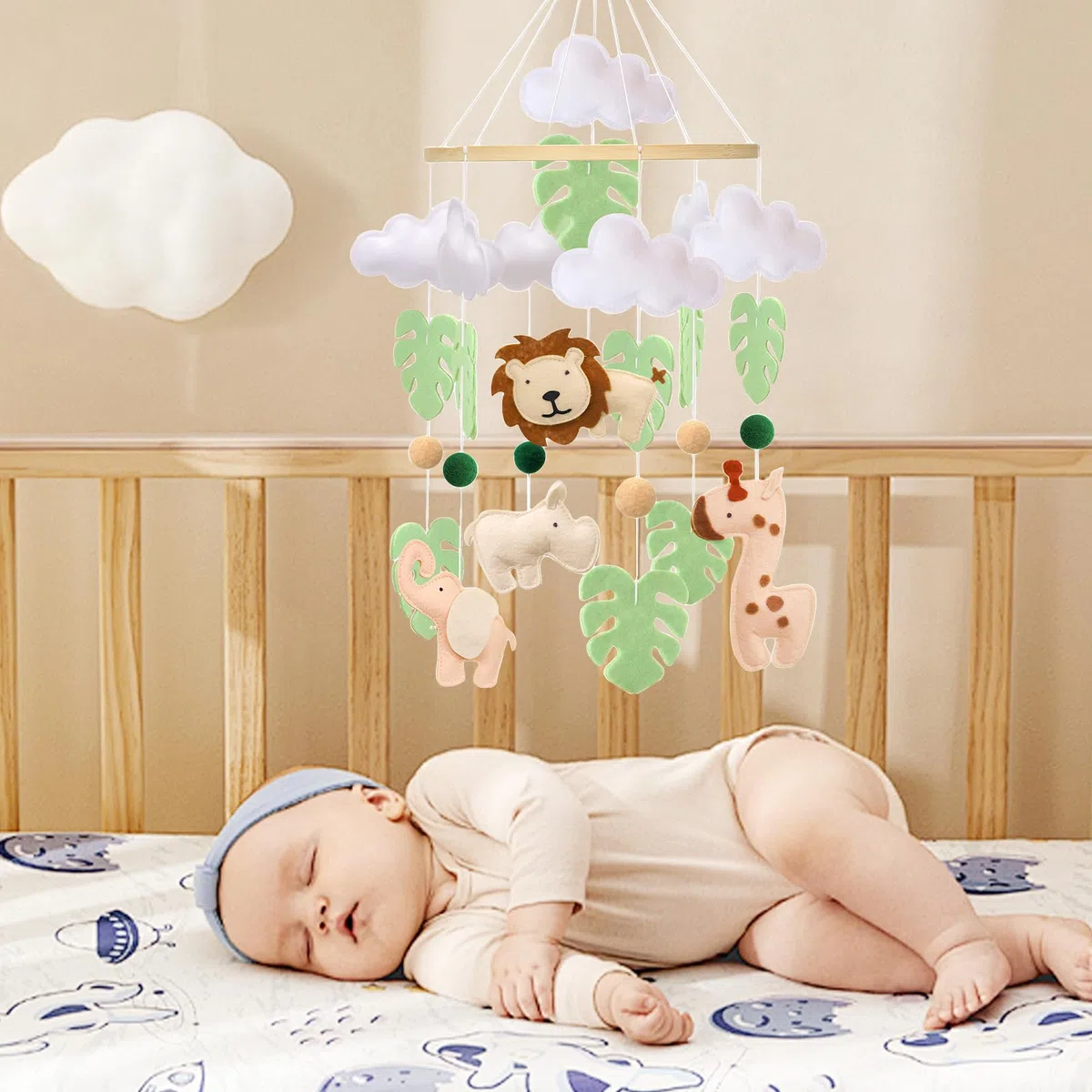 Baby Mobile - Campana da letto per lettino - Jungle Animal Baby Mobile con leone, elefante, giraffa e ippopotamo, giocattolo rilassante per la cameretta dei bambini, regalo per neonati (animale)