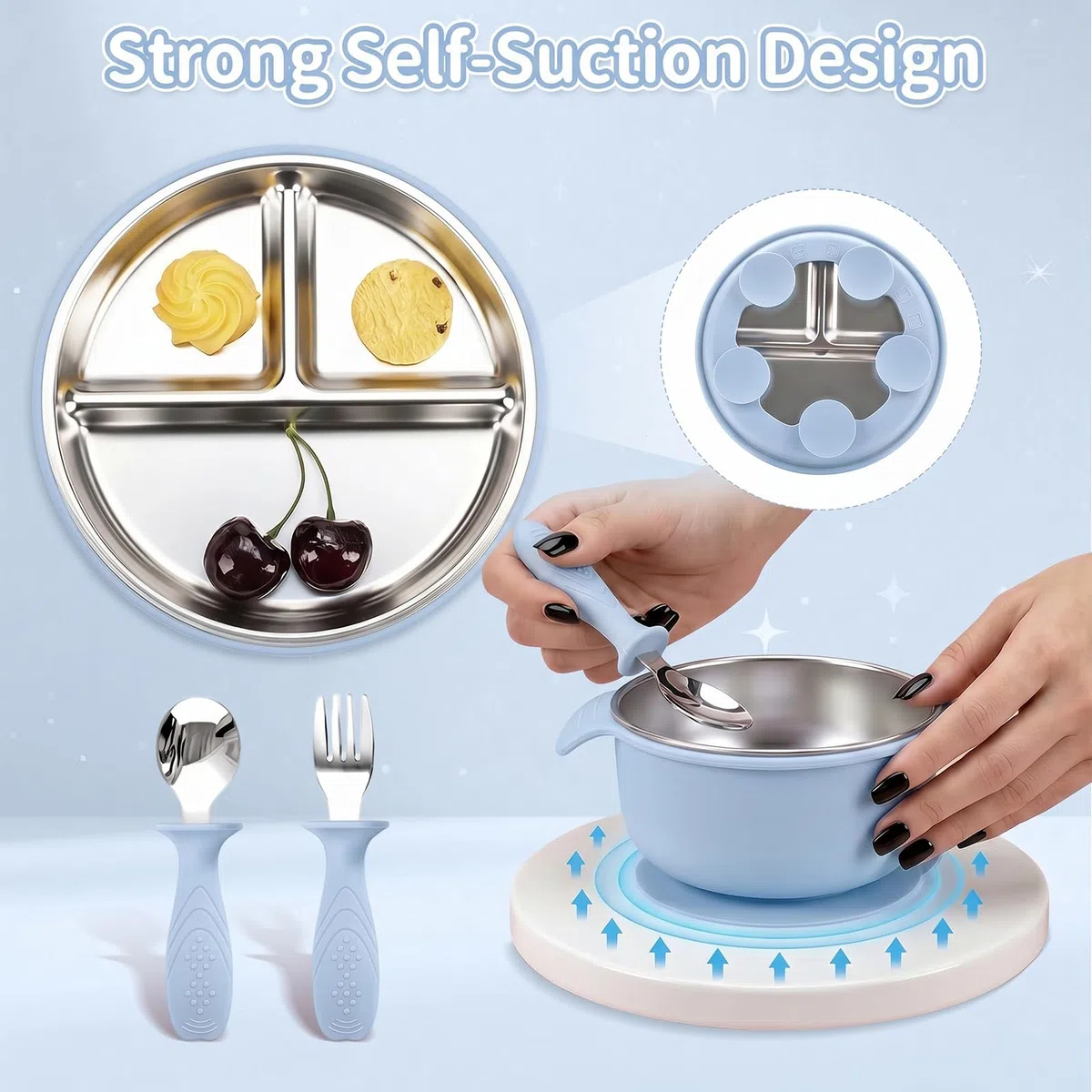 Cofanetto Pasto Bebè 5 Pezzi, Stoviglie in Silicone Antiscivolo con Ventosa: Piatto a 3 Scomparti, Ciotola, Bavaglino, Cucchiaio e Forchetta – Senza BPA per Neonati e Bambini (blu)