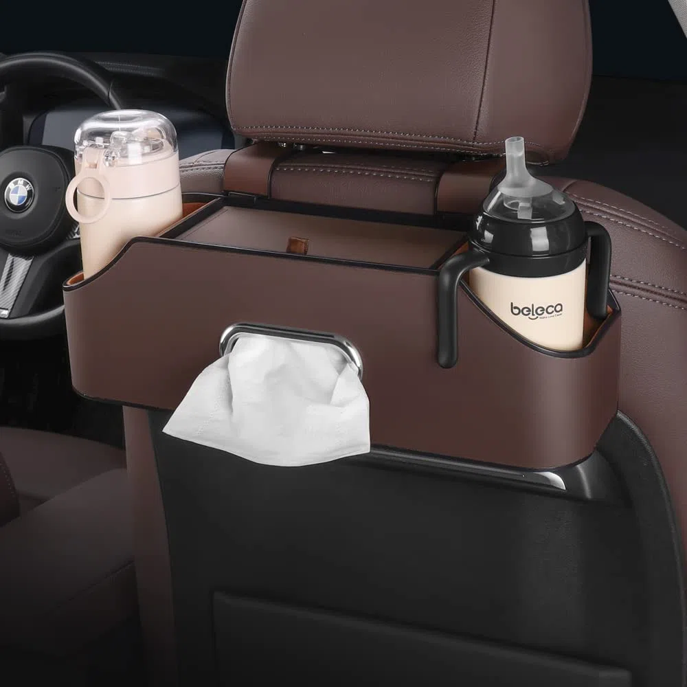Carodi New Car Rear Seat Poggiatesta multifunzione con portabicchieri, scatola in tessuto, gancio per poggiatesta per bambini e adulti, accessori da viaggio auto (marrone)
