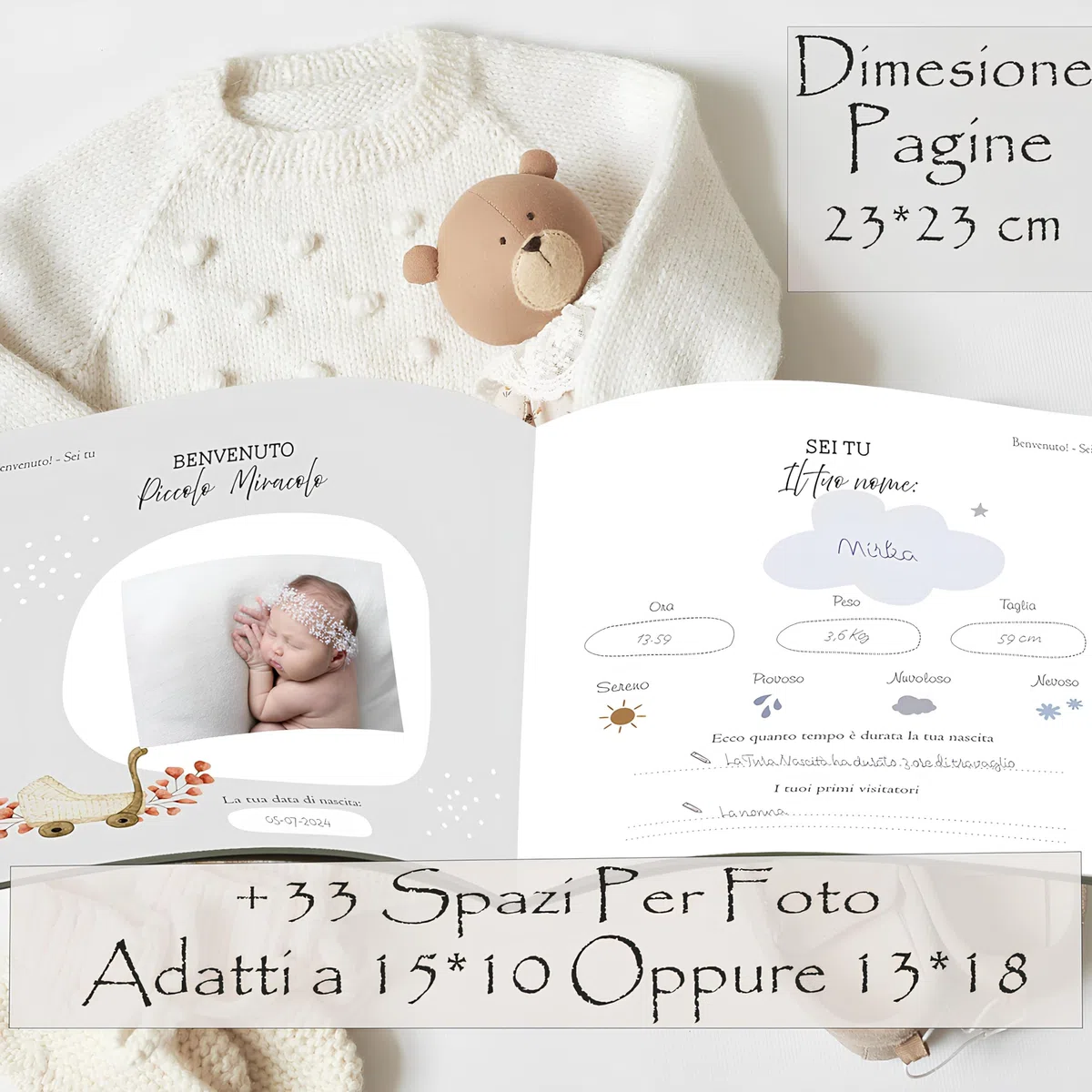 Album Ricordi Neonato - Album Nascita Bambino Bambina Fino a 5 Anni Di Vita stile Neutro- Regalo da Costudire per Sempre-Ottima Idea regalo nascita bimbo bimba Baby shower-Foto e scritte 80 P