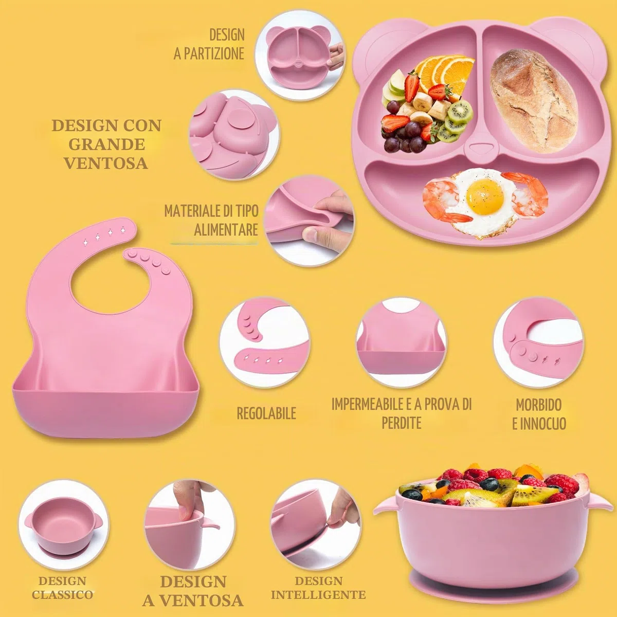 Posate set da 10 pezzi in silicone antiscivolo con ventosa, bavaglino, ciotola, cucchiaio, forchetta, beige