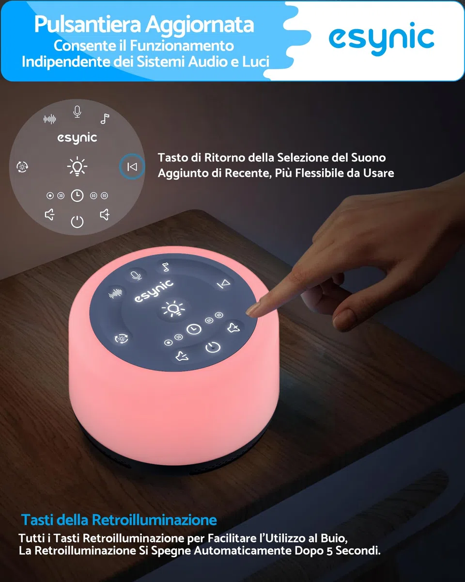 ESYNiC Rumore Bianco Neonato 30 Suoni con Luce Notturna 7 Colori Luminosità Regolabile Macchina Rumori Bianchi Ricaricabile Funzione Timer Memoria Registrazione Vocale per Bambini Adulti - Blu