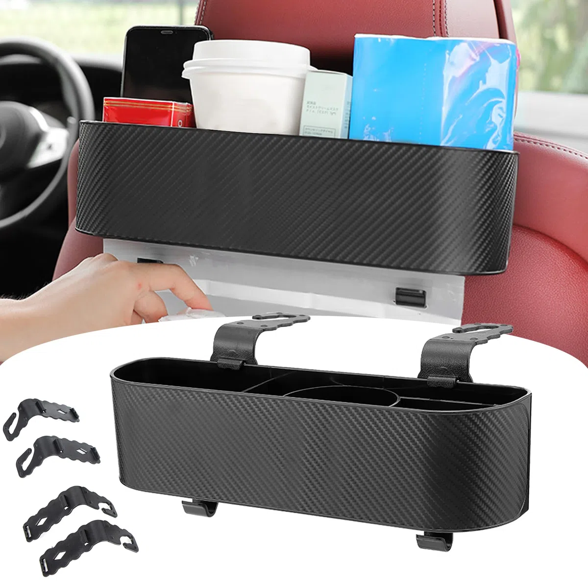 Organizzatore Sedili Posteriori Auto, Multifunzionale Organizer per Bambini e Adulti con Portabicchieri e Gancio per Poggiatesta, Accessori da Viaggio Autoveicoli (Nero)