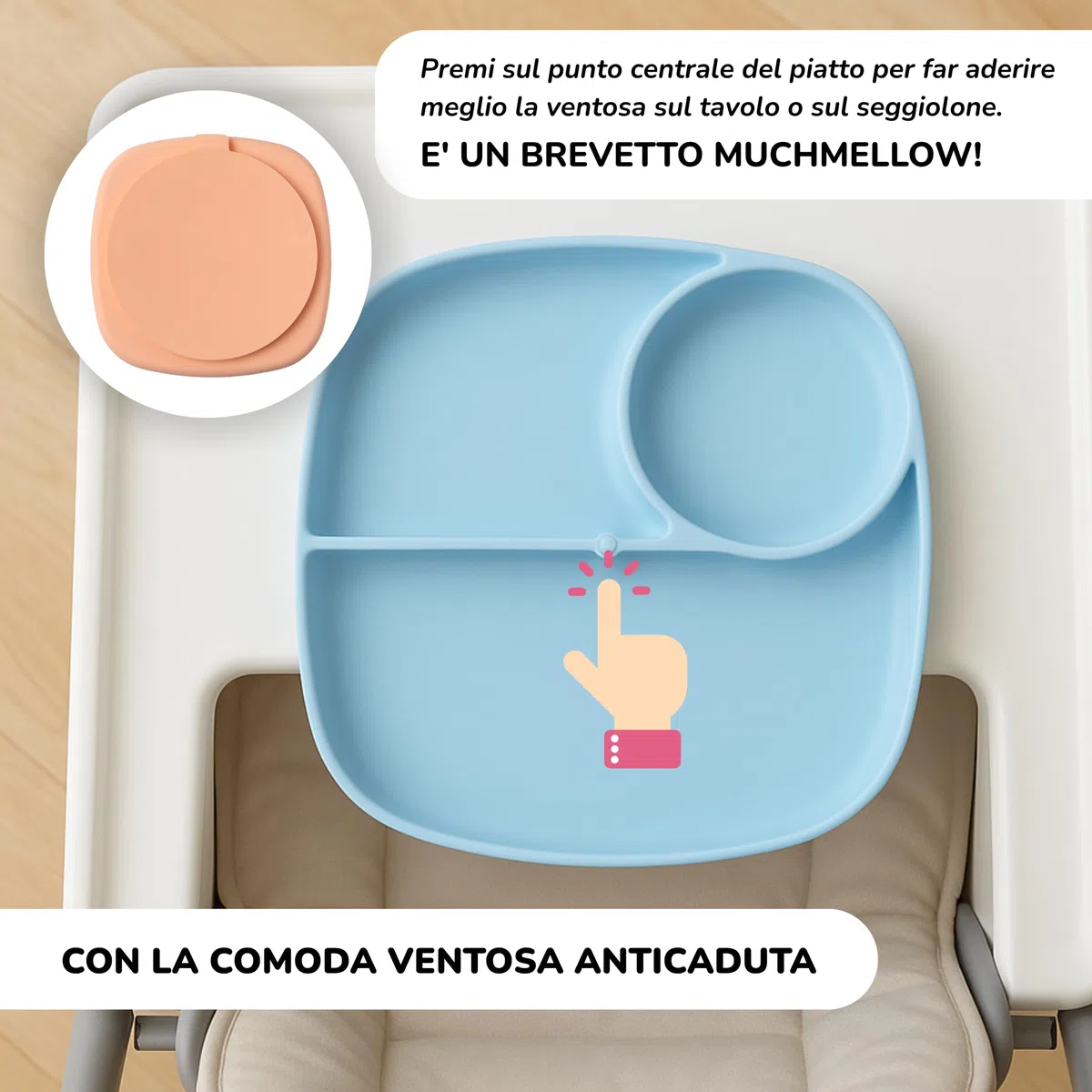 muchmellow - Piatto in Silicone MADE IN ITALY per Svezzamento con 3 Scomparti Divisori e Ventosa Anticaduta, Plastic Free, BPA Free, Lavabile Lavastoviglie (Azzurro)