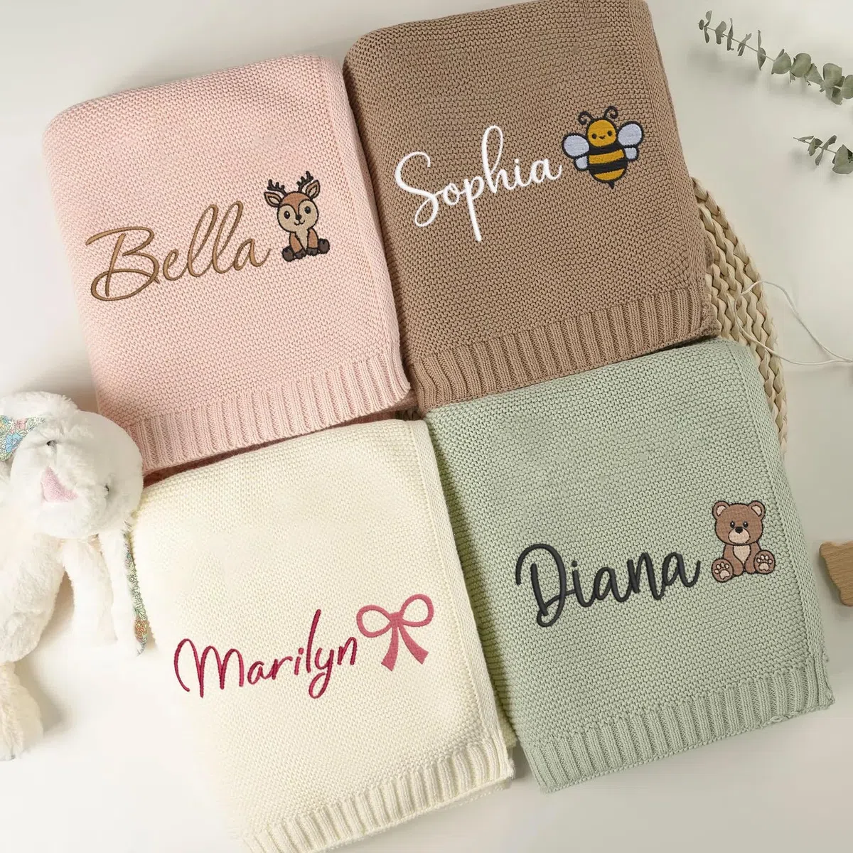 Coperta Personalizzata In Cotone Lavorata A Maglia Con Nome, Nome E Motivi Ricamati, 76 X 102 Cm, Coperta Cellulare Personalizzata Per Passeggino Neonato, Regalo Per Neo Mamme