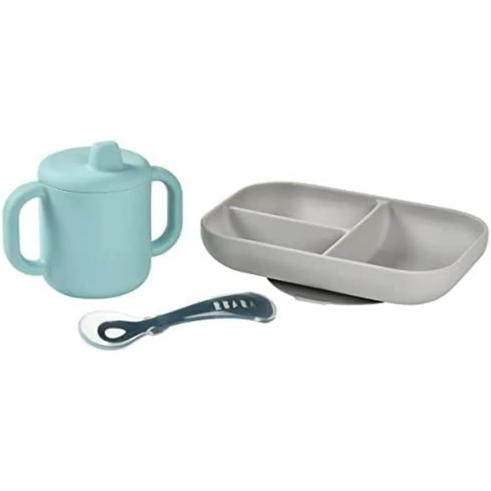 Béaba, Set Pasti per Bambini in Silicone, 3 Pezzi, Piatto Diviso + Tazza + Cucchiaio, Silicone Sano e Durevole, Lavabile in Lavastoviglie, Adatto a Microonde, Blu