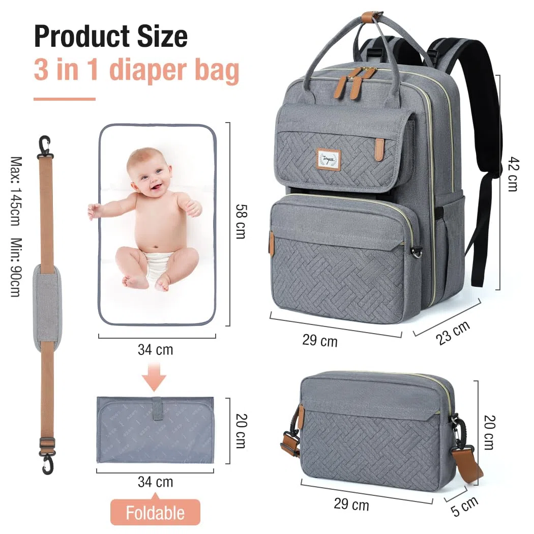 Zaino Fasciatoio,Borsa A Tracolla Rimovibile，Zaino Neonato Multifunzione Mamma，Borsa Porta Pannolini Con Materassino Fasciatoio, Cinghie Per Passeggini, Tasche Isolanti Bottiglia
