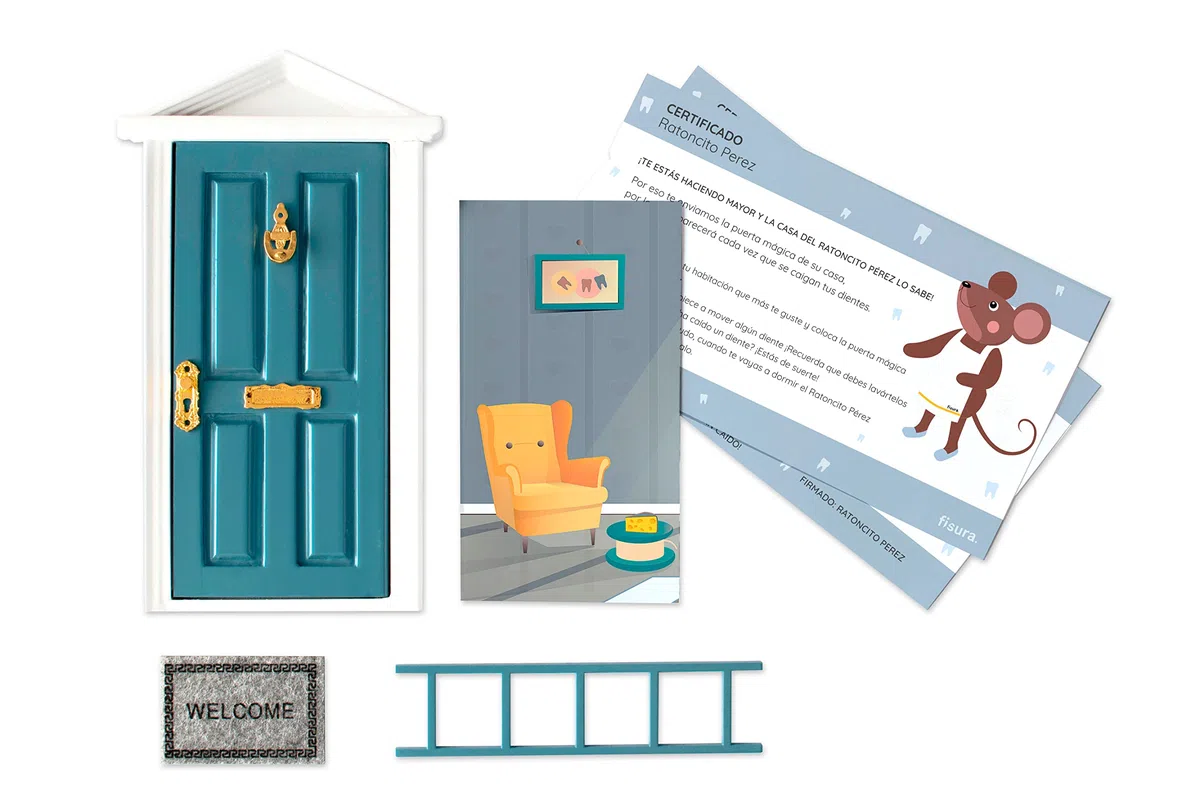 Fisura - Porta de la casa di topolino dei denti con 3 accessori e biglietto di auguri. Regalo originale per ragazzi e ragazze. (Blu)