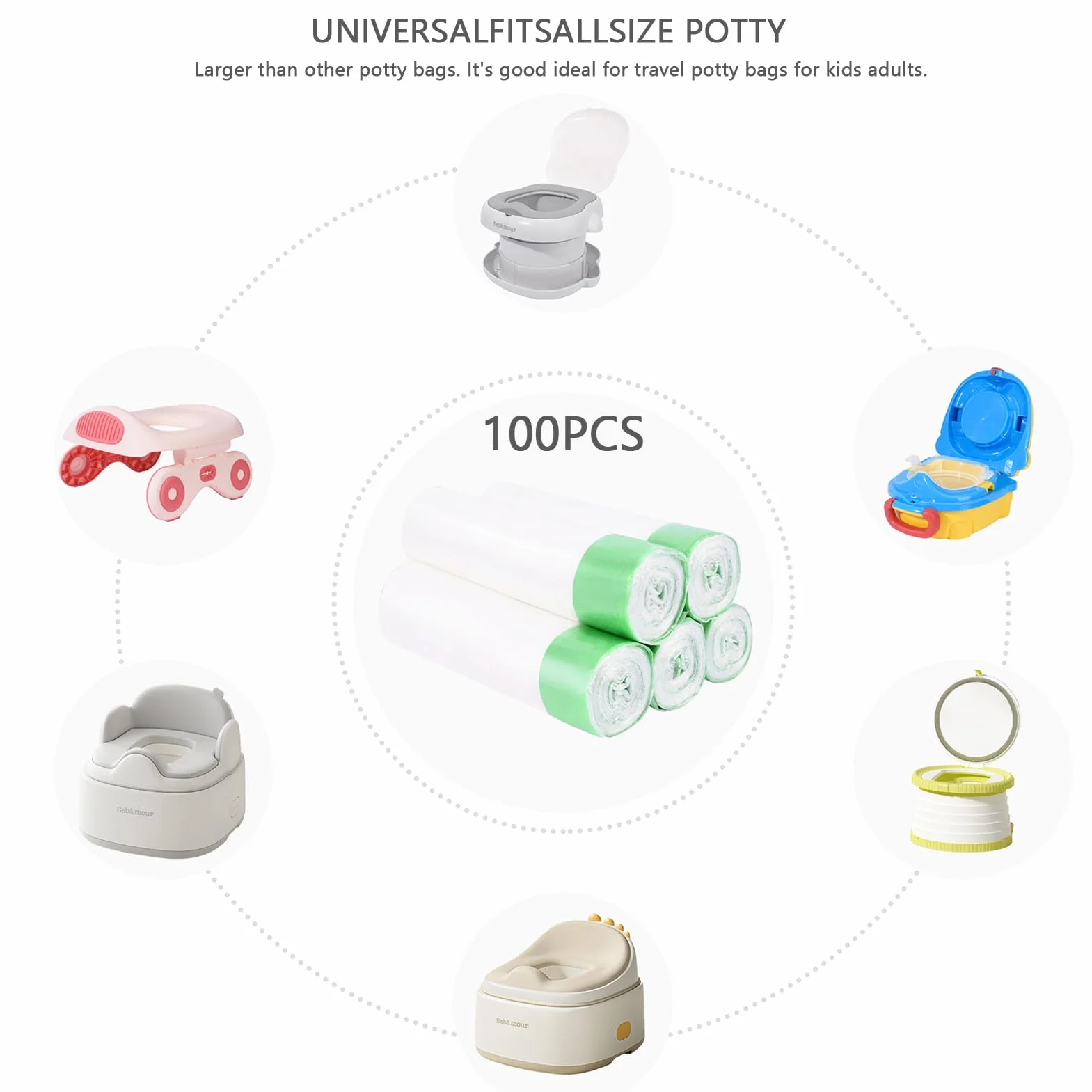 Bebamour Sacchetti monouso per vasino portatili, confezione da 100. Sacchetti universali da viaggio con coulisse, impermeabili e antiodore, compatibili con la maggior parte dei vasini per bambini