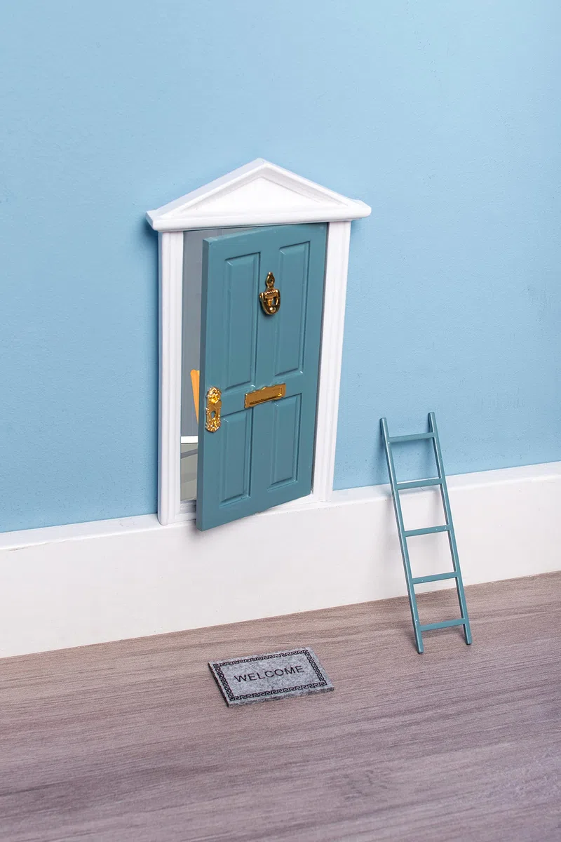 Fisura - Porta de la casa di topolino dei denti con 3 accessori e biglietto di auguri. Regalo originale per ragazzi e ragazze. (Blu)