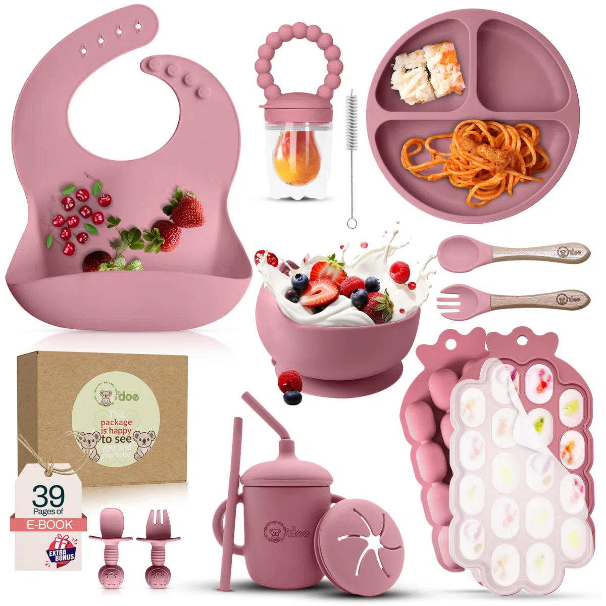O'doe Set di 15 pezzi per lo svezzamento a LED per bambini, set per l'alimentazione del bambino, ciotola in silicone con aspirazione, utensili per mangiare da soli con cucchiai, tazza, bavaglini