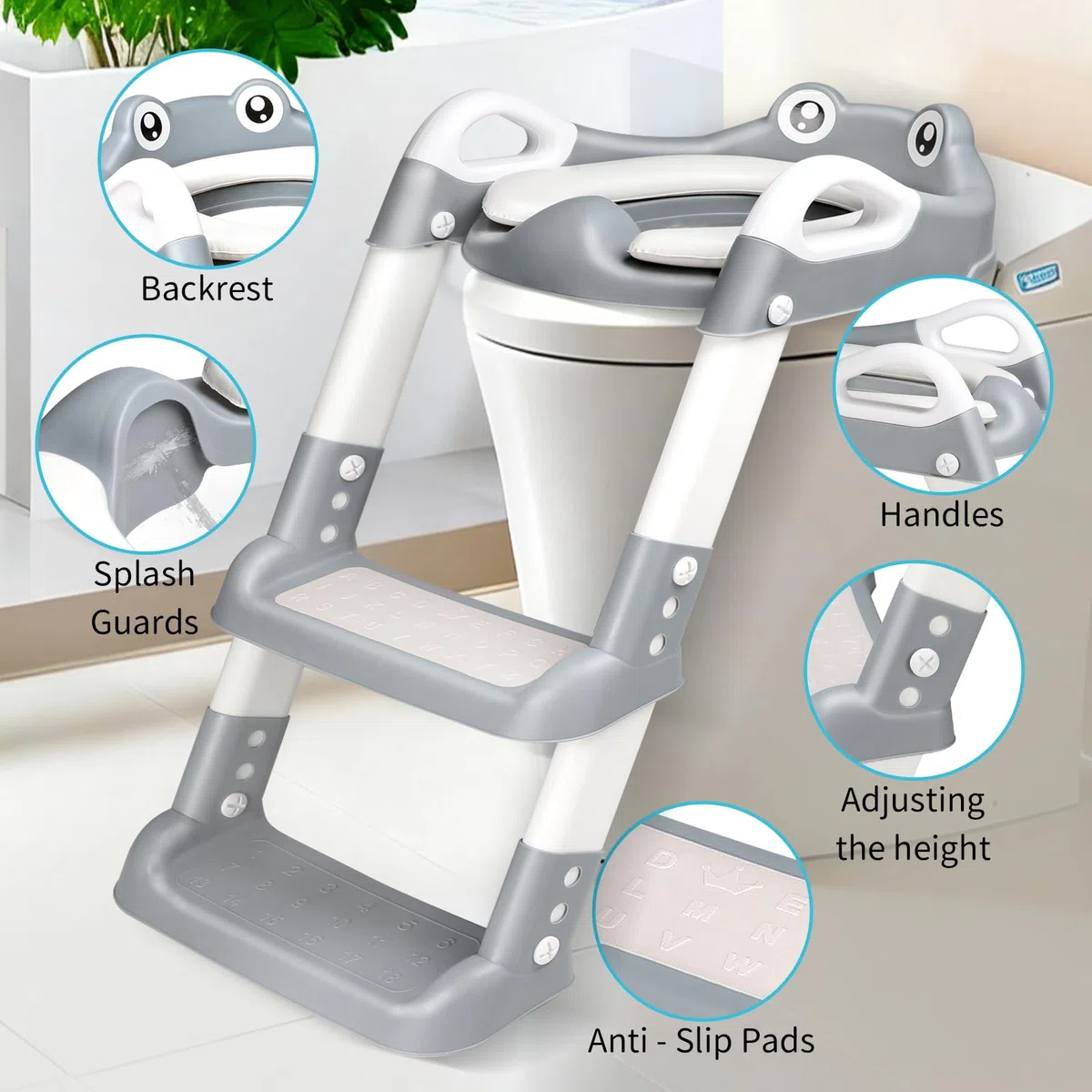 Sedile WC per Bambini con Scale, WC per Bambini, 2 in 1, con Scale, per Ragazzi e Ragazze, Sedile WC con Poliuretano, Regolabile in Altezza e Pieghevole, Antiscivolo con Spritzsc
