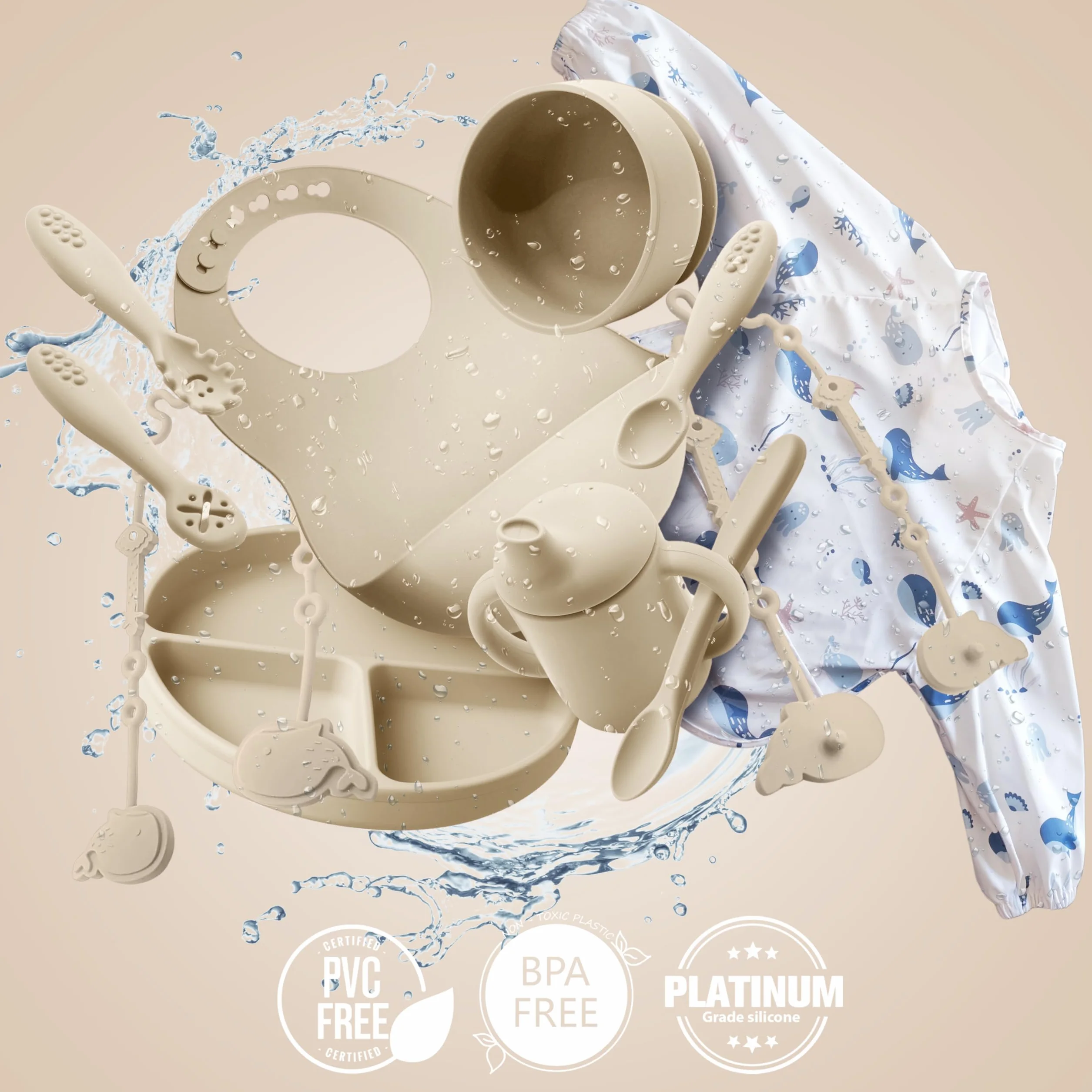 Navik | set pappa svezzamento da 12 pezzi | piatto svezzamento con ventosa per bambini | bicchiere bambino | cucchiaio e ciotola in silicone | beige