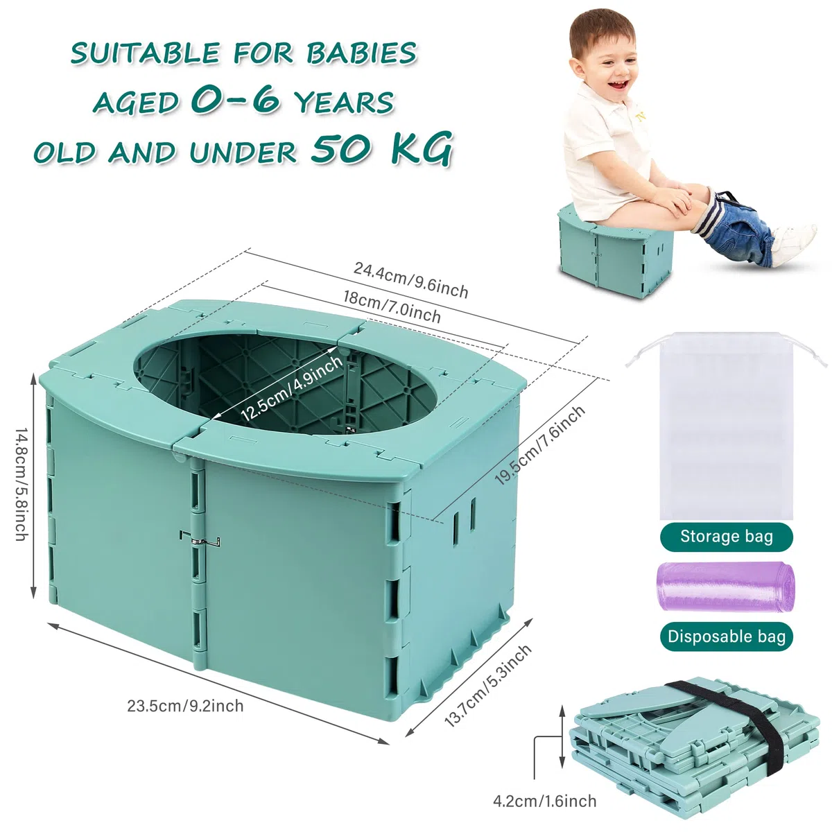 Toilette per Bambini Portatile, Vasino per Bambini,Pieghevole Toilette per Bebè,Pieghevole Sedile per WC,Plastica Ecologica ABS, Viaggi All'Aperto o Allenamento Vasino, Verde