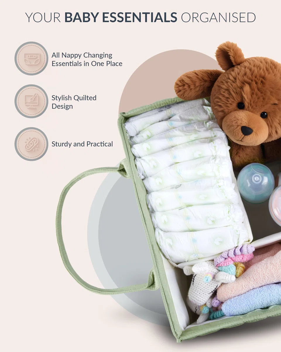 love & lullabies Organizer per pannolini, elegante cestino trapuntato per il cambio del bambino, essenziale per neonati, cestino per baby shower, organizer per future mamme (verde salvia)