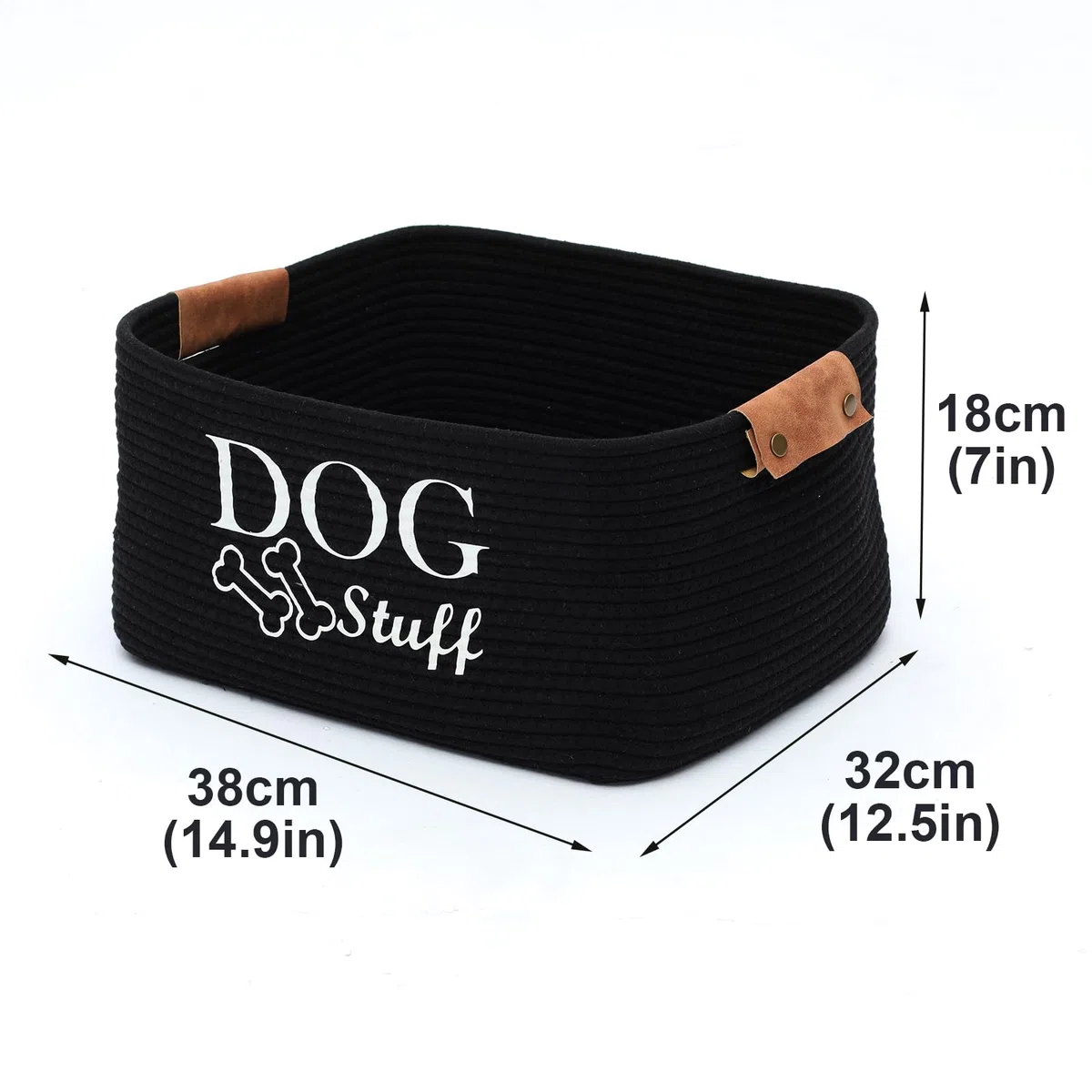 Geyecete-Cestino portaoggetti per giocattoli cani intrecciato in corda di cotone,Con manico in pelle,Portatile Cesto portaoggetti per giocattoli et vestiti/accessori per cane/gatti-Nero