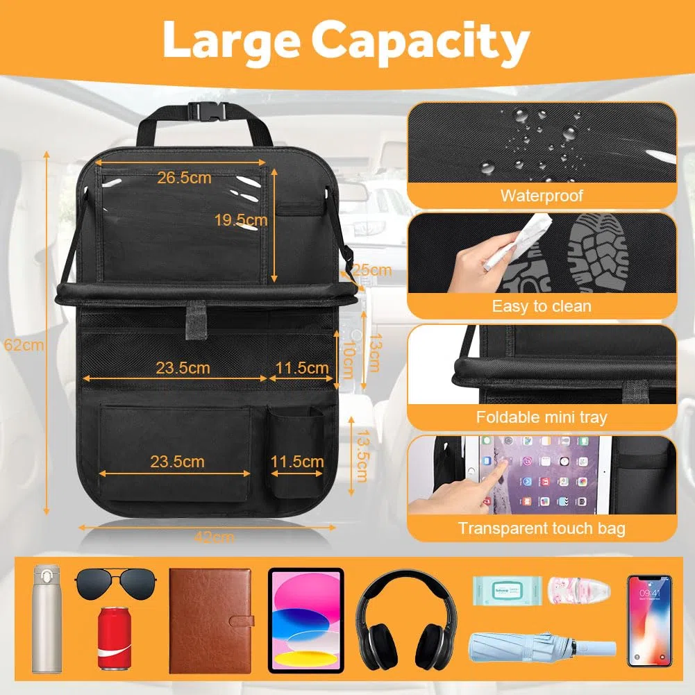 URAQT Organizer Protezione Sedile Posteriore Auto, 2 PCS Protezione Sedile Auto Organizzatore con Tavolino Pieghevole per tablet bambin,Sediles Posteriores Organizzatori con 8 Tasche,Impermeabile,nero