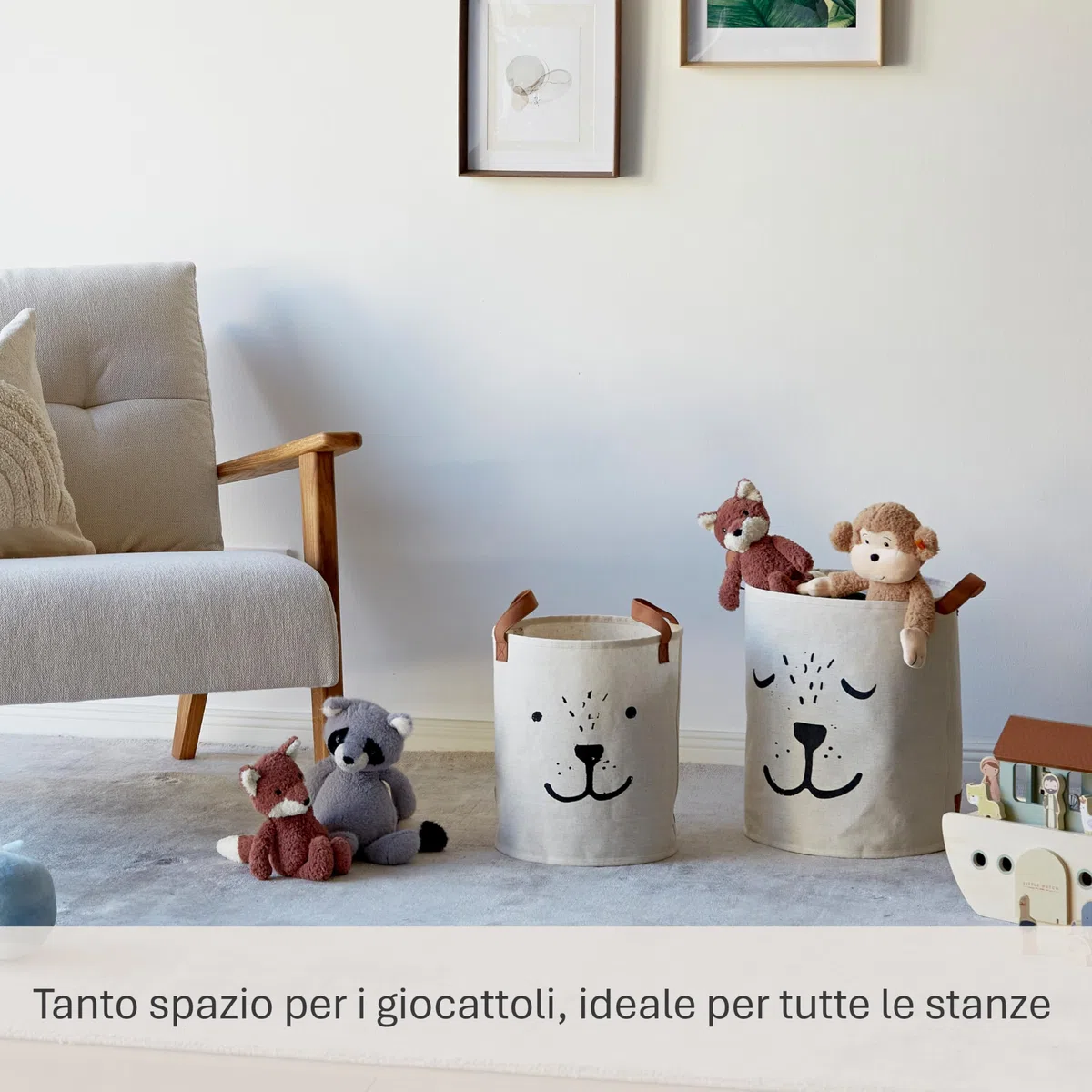 LOVE IT STORE IT Set di 2 Cestini Portaoggetti in Lino Pieghevoli, per Cameretta e Casa, Beige con Motivi e Maniglie Resistenti