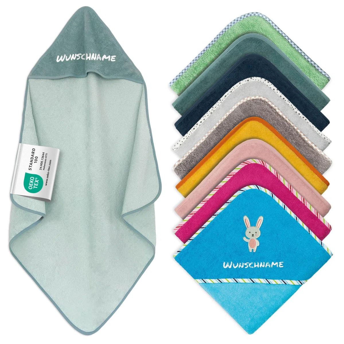 Asciugamano con cappuccio per neonato con nome ricamato, Oeko-TEX® Standard 100 - Asciugamano personalizzato per neonato con cappuccio in pura cotone con ricamo di nome e motivo (Menta, 80 x 80 cm)