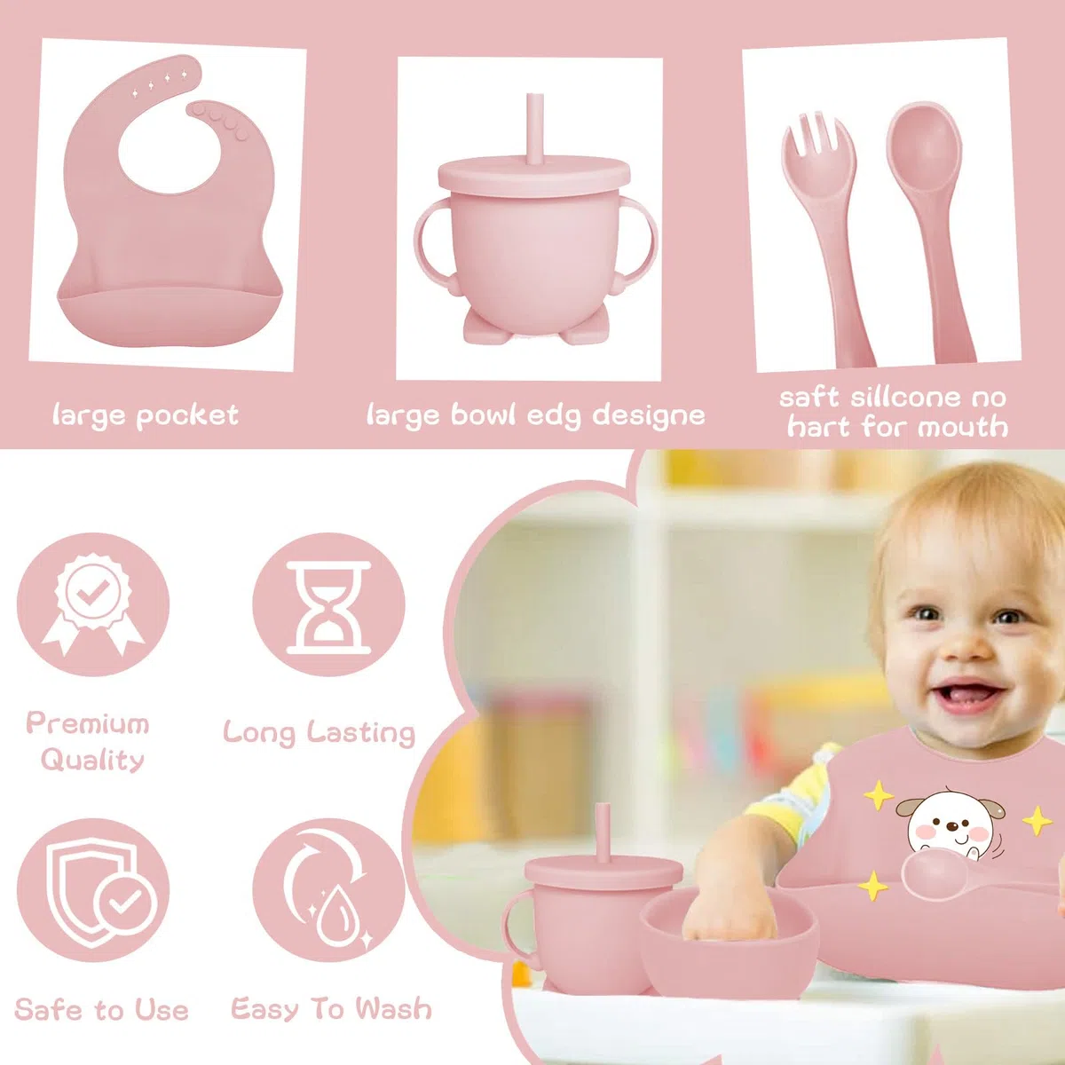 Set Pappa per Bambino, 12 Pezzi, Set Pappa Svezzamento per Bambini in Silicone, Senza BPA, Set di Posate per Bambini Antiscivolo con Ventosa Piatto Ciotola Tazza Bavaglino (Rosa chiaro)