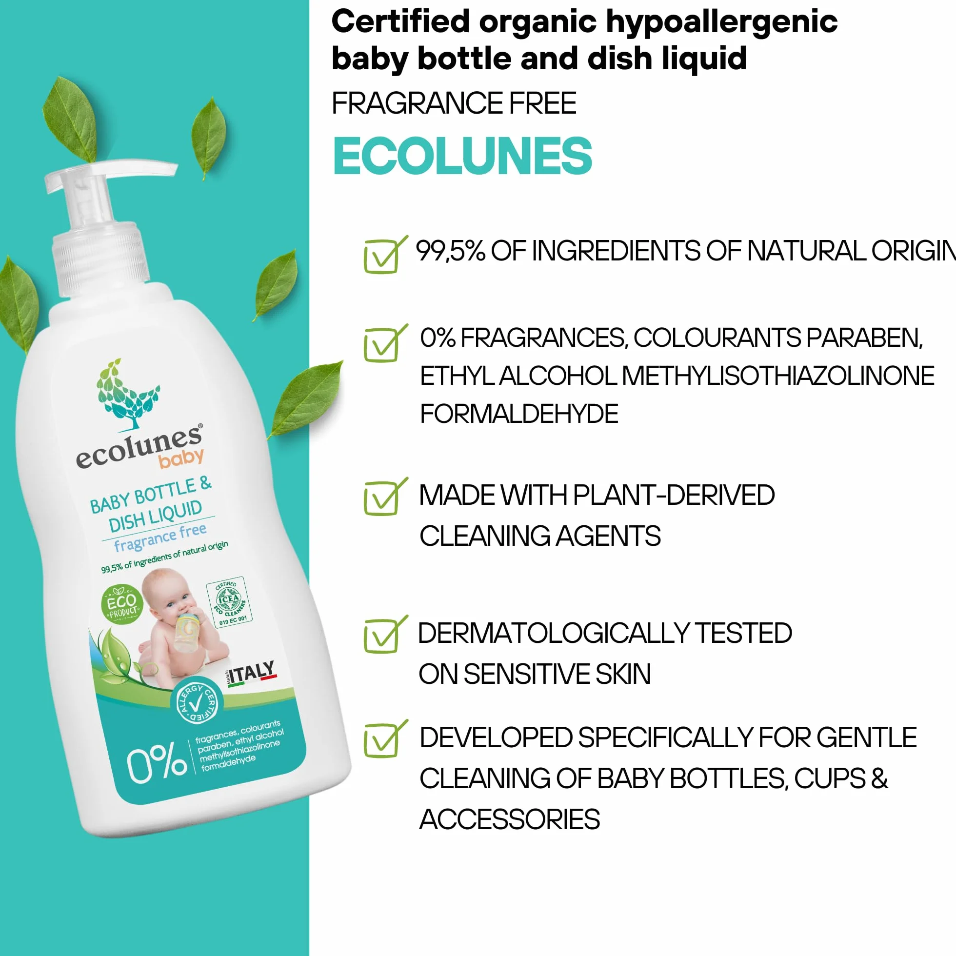 Ecolunes Liquido per biberon e piatti senza profumo 99,5% di ingredienti di origine naturale, non provoca allergie, realizzato con detergenti di origine vegetale, dermatologicamente testato, 750 ml