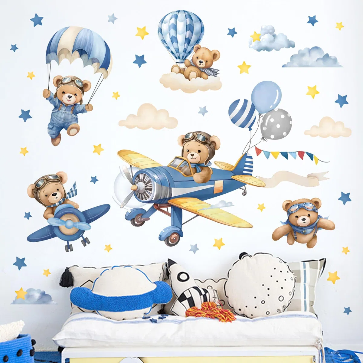 decalmile Adesivi Murali Bambini Aereo Animale Orso Adesivi da Parete Mongolfiera Orso Nuvole Decorazione Murale Camera Bambini Camerette Asilo Nido