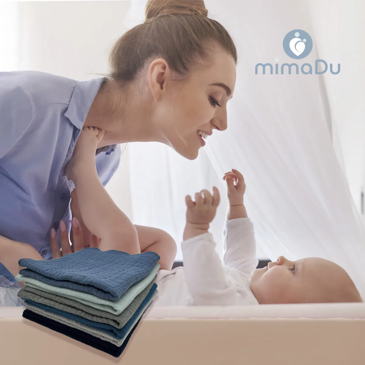 mimaDu - Set di 6 panni in mussola per bambino, in cotone biologico GOTS, 25 x 25 cm, extra morbidi, assorbenti, piccoli asciugamani per la cura del bambino (blu, ocean)