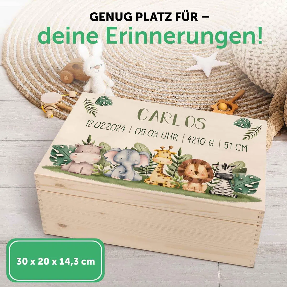 GRAVURZEILE Cassetta dei ricordi personalizzata per bambini – Gruppo di animali Safari – Personalizzata con nome e data – Scatola di legno per ragazze e ragazzi – Regalo per nascita – Scatola dei