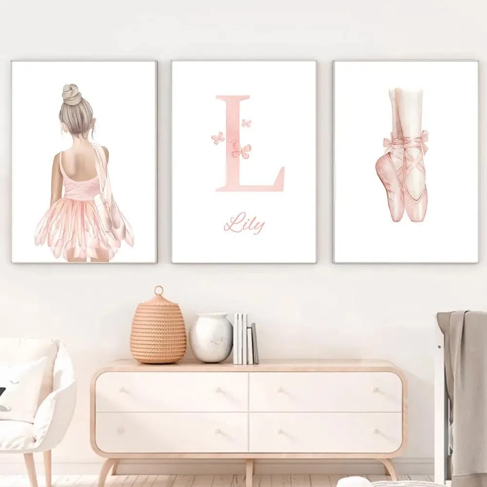 Youihom 3 Quadretti Personalizzati Bimba Quadro Camera Bimba Nome Rose 30x40 Stampe per Cameretta Neonato Ballerine Poster da Parete per Bambini Quadri Tela senza Cornice