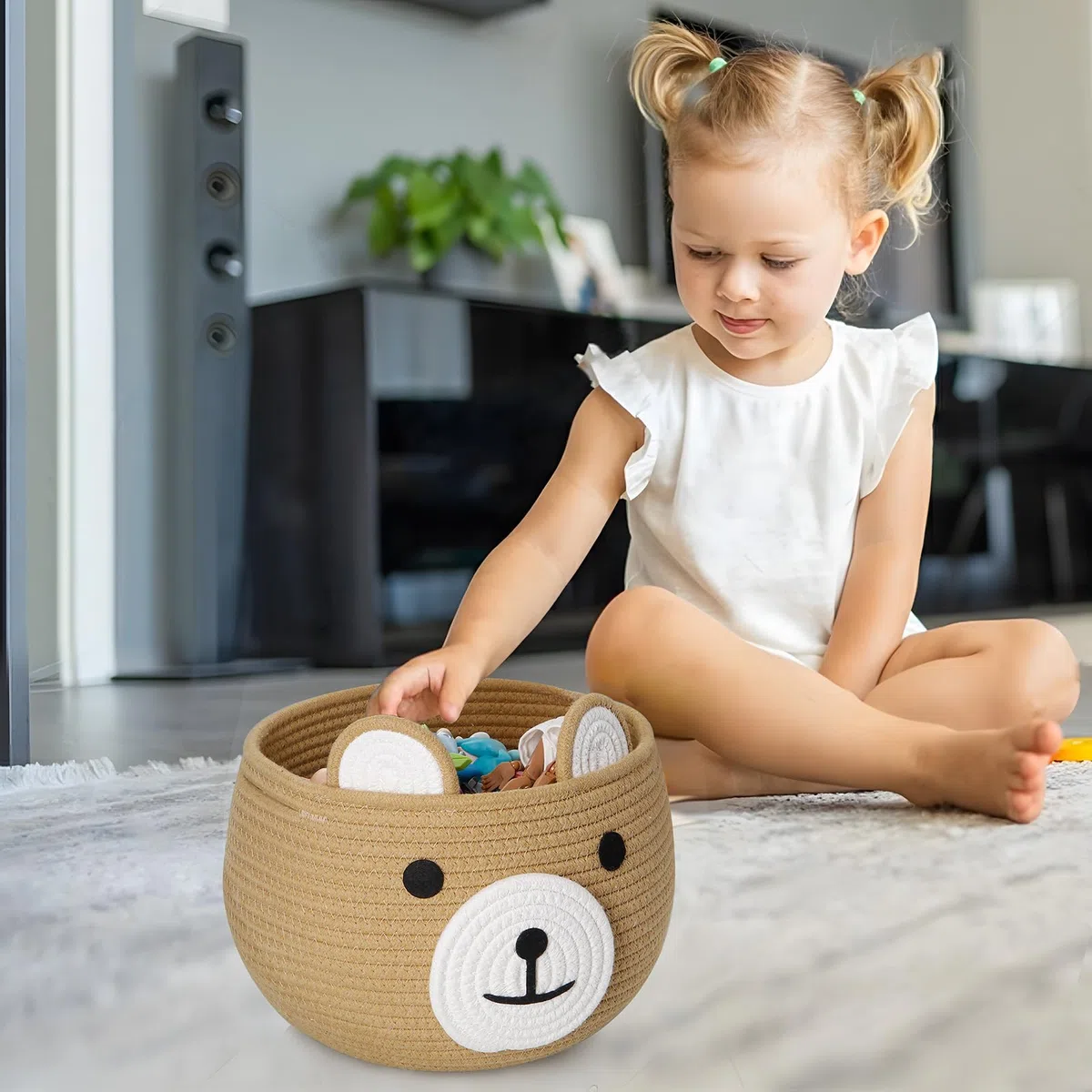 PandaEar Cesto in Corda di Cotone per Bambino, Cesto Regalo per Bambino, Organizzatore per Lenzuola da Nursery con Design Adorabile di Orso per Conservare gli Essenziali per Neonati (Marrone)