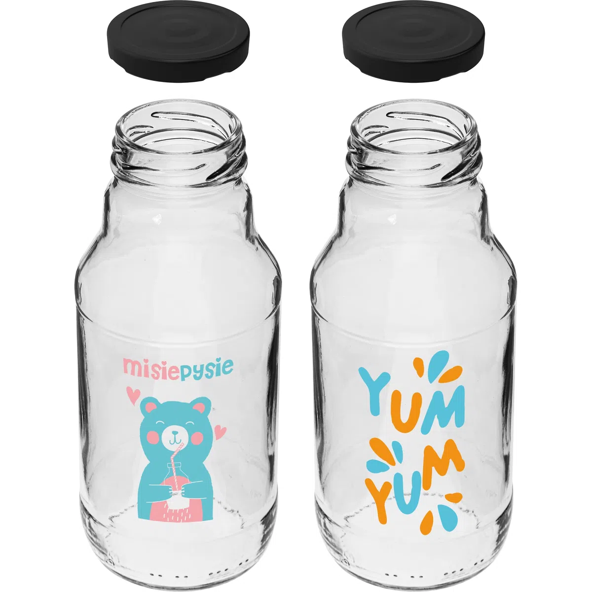 Browin 631331 - Bottiglie vuote in vetro da 330 ml, con tappo a vite, TO43, per smoothie, succhi di frutta, latte, bottiglia da 330 ml, con stampa e tappo a vite, bel design, 6 pezzi